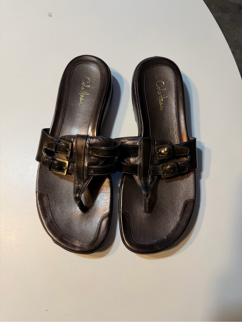 dark metallic bronze leather Cole Haan Nike Air thong wedge sandals size 8
